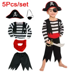 Kids Pirate Costume Boys Caribbean Fancy Dress Hat Eyepatch Outfit Halloween UK - Picture 1 of 8