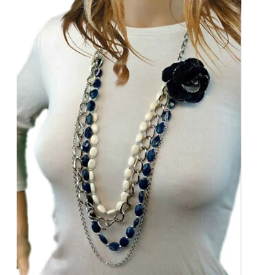 Broche prendedor convertible flor de mezclilla azul 2,5" collar de cadena con cuentas en capas 40" Foto 1 de 4