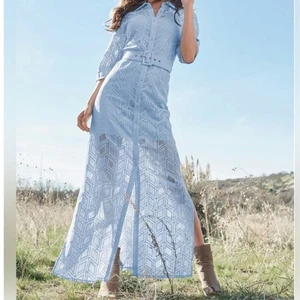 Maxi abito Venere pizzo bottoni taglia 6 blu chiaro cintura boho vacanze matrimonio - Foto 1 di 10
