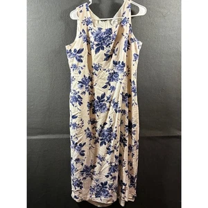 women linen maxi dress 14 blue white floral coastal beach vacation event church - Picture 1 of 8