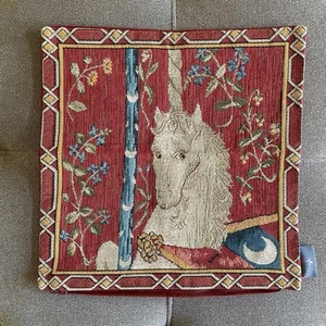 Art De Lys Tapestry Pillow Cover The Unicorn Red 13” Square Zip Closure France - Picture 1 of 11