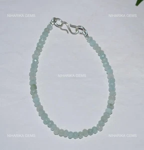 Sterling Silver Round Aqua Chalcedony Stone Trendy Beaded Wife Bracelet Jewelry - Picture 1 of 11