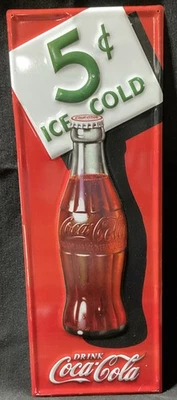 Coca-Cola Sign Steel Retro Advertising 5 Cent Bottle Red Reproduction @W - Image 1 of 4