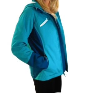 Free Tech Damen Colorblock grün blau Kapuze durchgehender Reißverschluss Activewear Jacke Gr. S - Bild 1 von 5