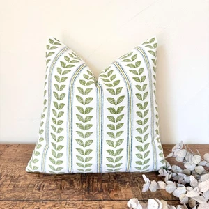 1716. EMMY Olive Green Leaves Stripes, 100% cotton cushion cover, Various sizes - Picture 1 of 8