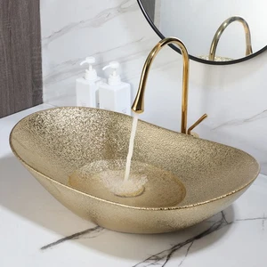 Gold Bathroom Vessel Sink 23"x14" Oval Ceramic Basin Bowl + Swivel Faucet Drain - Picture 1 of 11