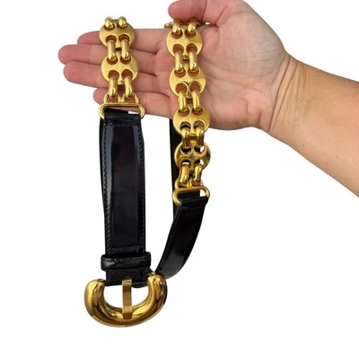 Vintage Escada Womens 34-36 Midnight Blue Patent Leather Gold Chain 80s Luxury - Image 1 of 4