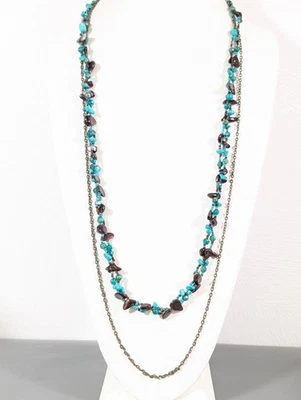 Collar Playa Boho Azul Turquesa Marrón Cuentas Tono Bronce Capas Largas 38" Foto 1 de 4