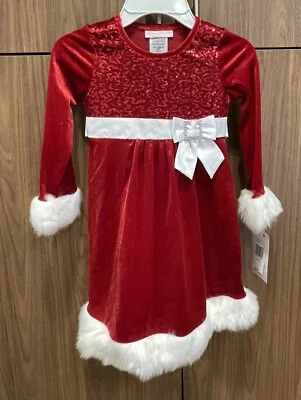 NWT Bonnie Jean Holiday Red Velvet Sparkly Sequin Dress Faux Fur Trim Size 5T - Image 1 of 4