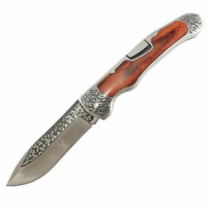 9" Wood Handle Folding Camping Outdoor Pocket Knife 3CR13 Steel Engraved Design