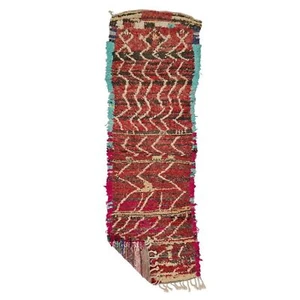Moroccan Handmade Boujaad Rug 2'7x8'5Berber Abstract Red Wool Cotton Area Carpet - Picture 1 of 11