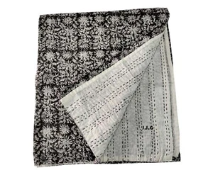 Black Kantha Quilt Hand Block Printed Quilt Indian Quilt Bedspread Throw Queen - Picture 1 of 6