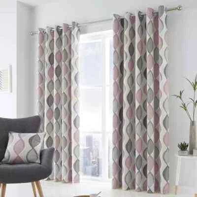 Fusion Lennox Geometric Ogee 100% Cotton Eyelet Fully Lined Curtains Pair Blush - Image 1 of 4