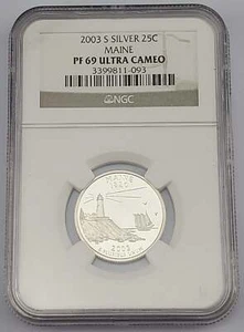 2003 S Silver Proof Maine State Quarter 25c NGC PF 69 Ultra Cameo - Picture 1 of 4