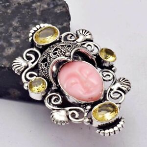 Carved-Goddess Face Citrine Ethnic Handmade Ring Jewelry US Size-8.5 AR 17830
