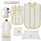 WHITE Roman Chasuble Fiddleback Vestment 5pcs Mass set Casulla Italian Casula