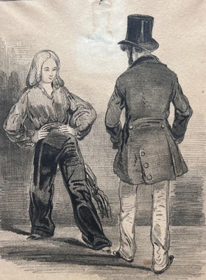 Ancien dessin original homme, portrait, femme, scène de genre signé - Photo 1/4