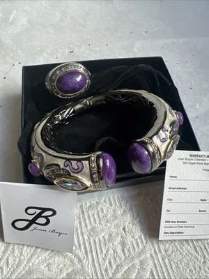 Joan Boyce Esmalte Púrpura Blanco Piedras Preciosas Bisagra Abrazadera Pulsera y Anillo Talla 10 #JP7 Foto 1 de 4