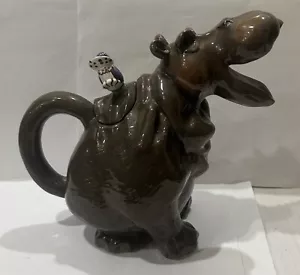 "Tetera de cerámica Blue Sky Clayworks hipopótamo y pájaro hipopótamo 8"" de alto" - Imagen 1 de 7