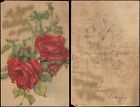 birthday greetings, red roses, green ribbon, embossed, c. 1910, unsent, damaged
