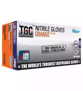 TGC WorkGear Orange Nitrile Gloves Hi Vis Disposable 100PK - Large & XL - Picture 1 of 2