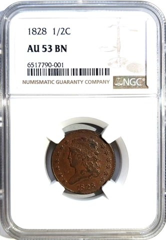1828 Classic Head Half Cent 13 Stars NGC Graded AU 53 BN -Slight Rotated Reverse Cover