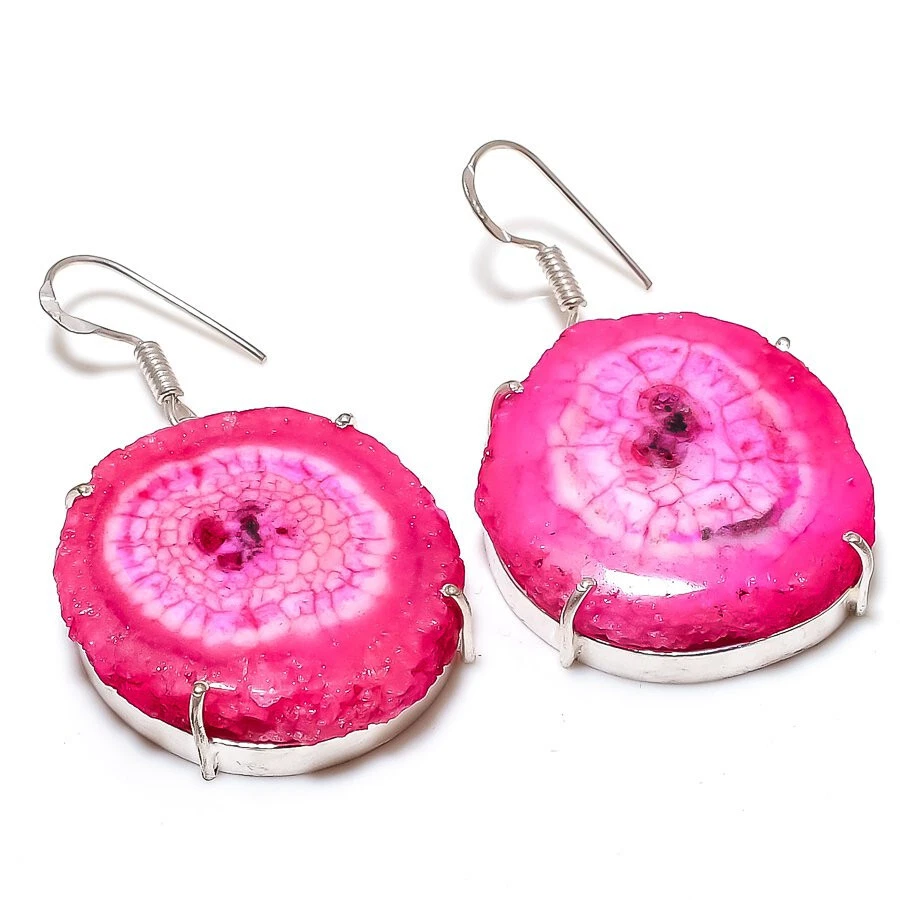 Pink Solar Quartz Druzy Gemstone Silver Plated Dangle Earrings Jewelry 2" - Image 1 of 1