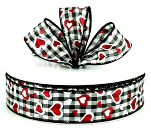 Red Glitter Hearts 1.5" by 5 yd Wired Ribbon Black White Check Love Dog Country - Picture 1 of 6