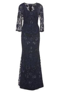 JS COLLECTIONS Navy Blue Beaded Soutache 2pc SET Lace Gown + Jacket Bolero 16 XL - Picture 1 of 9