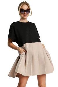 Umgee Round Neck Pleated Dress with Side Pockets - Picture 1 of 6