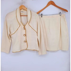 VTG 80s Rescala 100% Linen Ivory Skirt Suit Set Gold Trim Shoulder Pads Size 14 - Picture 1 of 10