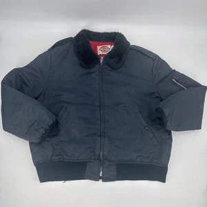 Vintage 80's Dickies Jacket Mens XL Blue Flight Bomber Fur Collar Quilt Lined - Picture 1 of 11
