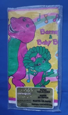 Vintage Barney The Dinosaur & Baby Bop Plastic Table Cloth 54x84'  1992 Lyons - Image 1 of 2