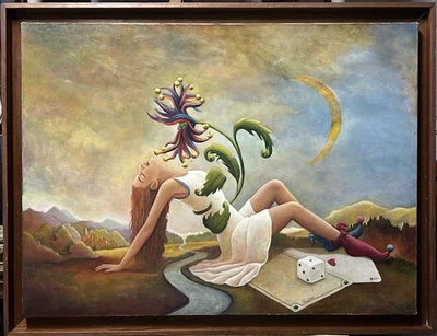 Surrealism Scene, Mysterious Plot Oil Painting on Canvas , Framed, Signed - Photo 1/4