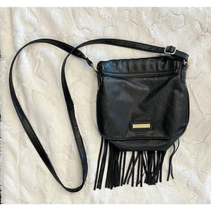MADDEN Black Fringe Leather Purse Crossbody Small Square Bag Long Strap Biker - Picture 1 of 16