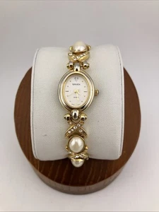 Vtg Gruen Ladies 19mm Watch Gold Tone Faux Pearl Band White Dial 6.5" - RUNS - Picture 1 of 20