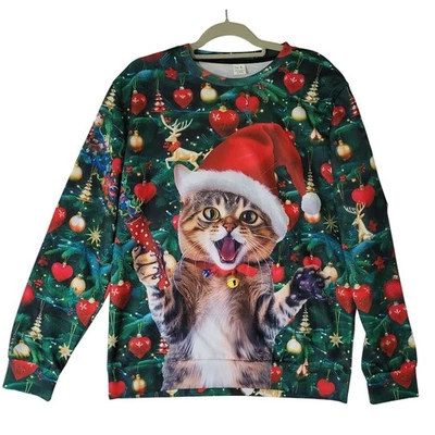 Christmas Tree Santa Tabby Cat Ugly Sweater Women L Holiday Graphic Pullover Top - Image 1 of 4