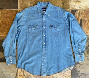 Wrangler Cowboy Cut Shirt Blue Denim Pearl Snaps-XXL-Work Western Shirt-Vtg - Picture 1 of 4