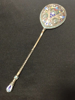 HERMOSA CUCHARA GRANDE 19 CM ESMALTE CLOISONNE PLATA 84 ANTIGÜEDADES IMPERIALES RUSAS Foto 1 de 4