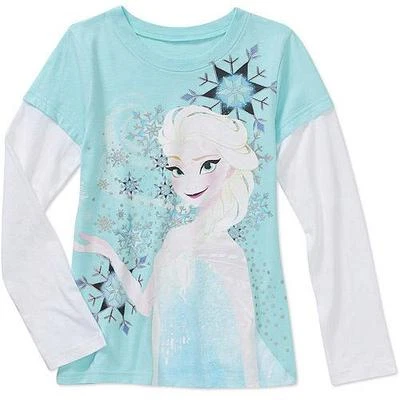 Disney Frozen ELSA Snowflake Long Sleeve Graphic Tee T-Shirt Top For Girls-NEW - Image 1 of 2