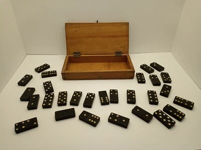 Vintage Dominoes Set In Wooden Handcrafted Box 28 Pieces - Image 1 of 4