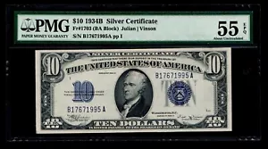 Key Date 1934-B $10 Silver Certificates PMG About Uncirculated 55 EPQ - Picture 1 of 2