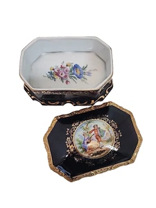 COBALT BLUE & GOLD TRINKET BOX WITH LID COURTING COUPLE PORCELAIN PM Martinoda - Picture 1 of 15