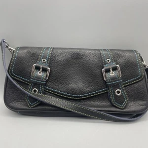 Wilson Handtasche Leder schwarz Leder mit hellblau grünen Nähten Schnallen - Bild 1 von 13