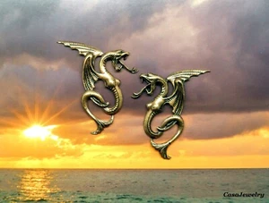 #1804 ANTIQUED GOLD MYTHICAL MELUSINE DRAGON/L+R's - 2 Pcs (1 PR) - Picture 1 of 3