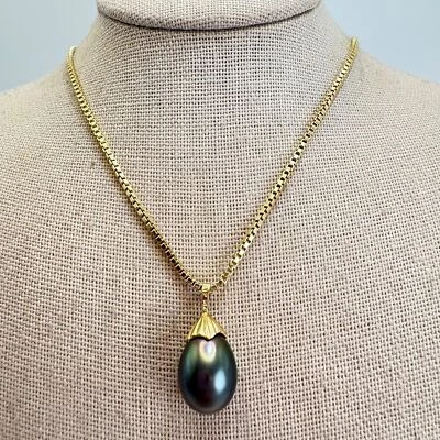 14Kt Y Gold Black Cultured Pearl Teardrop Pendant Gold Over Sterling 18" Chain - Image 1 of 4