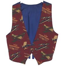 Vintage Men's Vest Airplane Biplane Maroon Tapestry Print Button Hole Tie Back