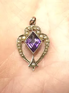 9 Karat Gold Anhänger Amethyst Samen Perlen von L&Co Jugendstil Deko Lavalier Antik - Bild 1 von 13