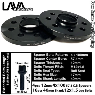 4PC 12MM THICK 4X100 57.1MM C.B WHEEL SPACER+12X1.5 BOLT FIT VOLKSWAGEN AND MORE - Image 1 of 2