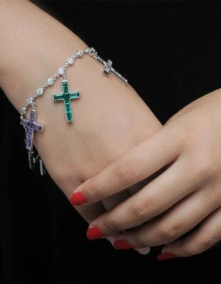 Multicolor Lab Created GemStone Cross Dangling Station Tennis Bracelet 925 SS - Image 1 of 4